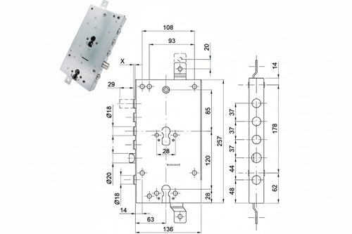 Serratura Triplice Applicare Scrocco Doppio Cil.Eu. Blindate 50237 Mm.63, Interasse Catenacci Mm.37 Cipierre