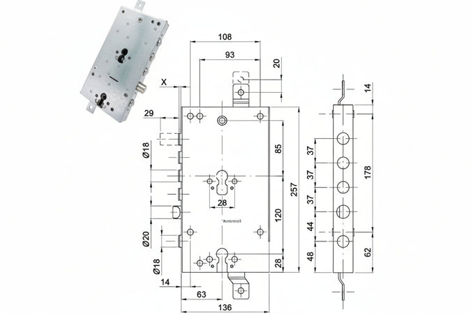 Serratura Triplice Applicare Scrocco Doppio Cil.Eu. Blindate 50237 Mm.63, Interasse Catenacci Mm.37 Cipierre