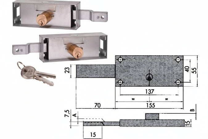 Coppia Serrature Serranda Laterale Cilindro Fisso Tondo 41526- - Mm.155X15X55H. (41526780) - 1 Coppia Cisa