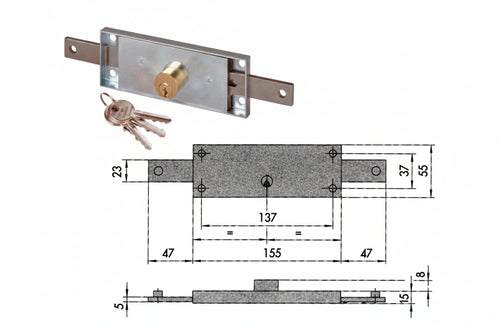 Serratura Serranda Centrale Cilindro Fisso Tondo 41510 Mm.155X15X55H. (41510780) Cisa