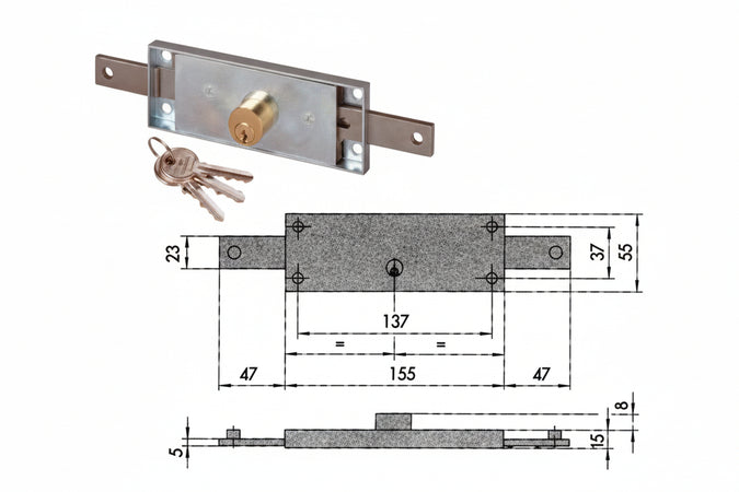 Serratura Serranda Centrale Cilindro Fisso Tondo 41510 Mm.155X15X55H. (41510780) Cisa