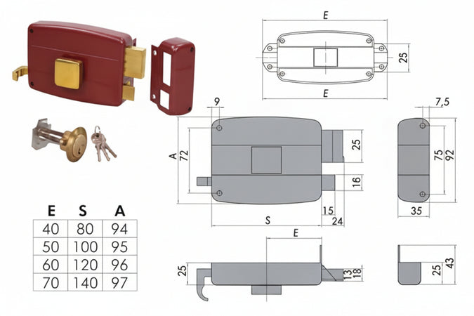 Serratura Da Portoncino Con Pomolo Interno Catenaccio E Scrocco 50110 Mm.50 Dx (50110501) Cisa