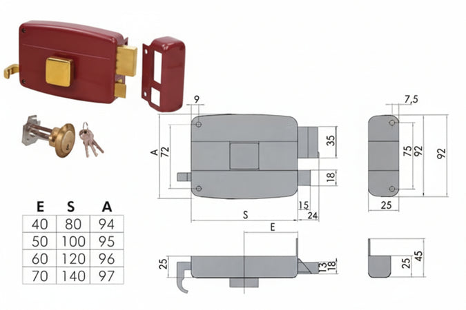 Serratura Da Portoncino Con Pomolo Interno Catenaccio E Scrocco 50110 Mm.50 Sx (50110502) Cisa
