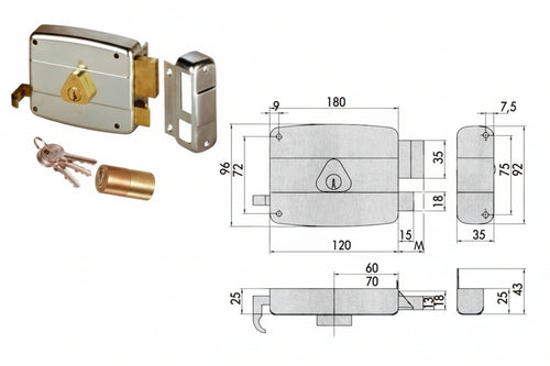 Serratura Applicare Catenaccio E Scrocco Doppio Cilindro Fisso 50421 Mm.60 Dx (50421601) Cisa