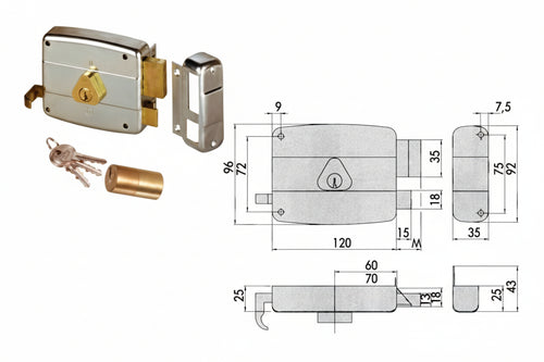 Serratura Applicare Catenaccio E Scrocco Doppio Cilindro Fisso 50421 Mm.70 Dx (50421701) Cisa