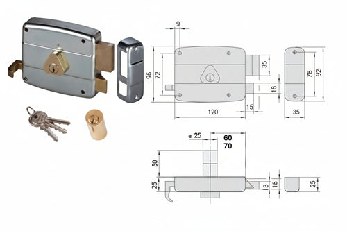 Serratura Applicare Catenaccio E Scrocco Doppio Cilindro Fisso 50521 Mm.60 Sx (50521602) Cisa