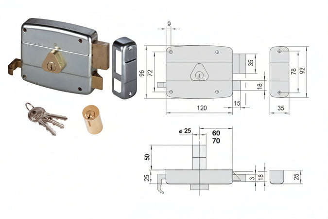 Serratura Applicare Catenaccio E Scrocco Doppio Cilindro Fisso 50521 Mm.70 Dx (50521701) Cisa