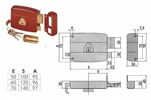 Serratura Portoncino Catenaccio E Scrocco Doppio Cilindro Fisso 50121 Mm.50 Dx (50121501) Cisa