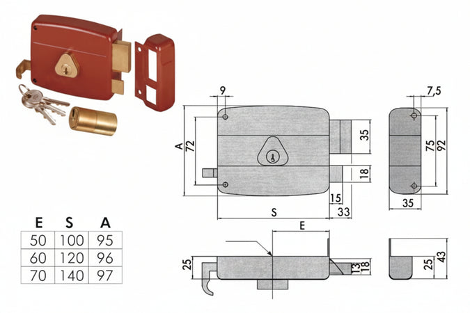 Serratura Portoncino Catenaccio E Scrocco Doppio Cilindro Fisso 50121 Mm.60 Dx (50121601) Cisa