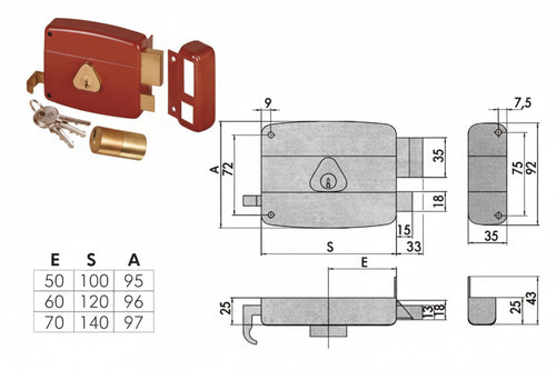 Serratura Portoncino Catenaccio E Scrocco Doppio Cilindro Fisso 50121 Mm.70 Dx (50121701) Cisa