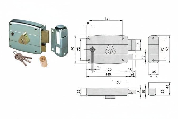 Serratura Portoncino Quadro Catenaccio E Scrocco Cilindro Fisso 50471 Mm.60 Dx (50471601) Cisa