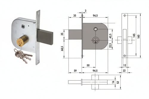 Serratura Infilare Per Cancelli Con Quadro Catenaccio E Scrocco 42310- - Mm.50 (42310500) - 2 Pezzi Cisa