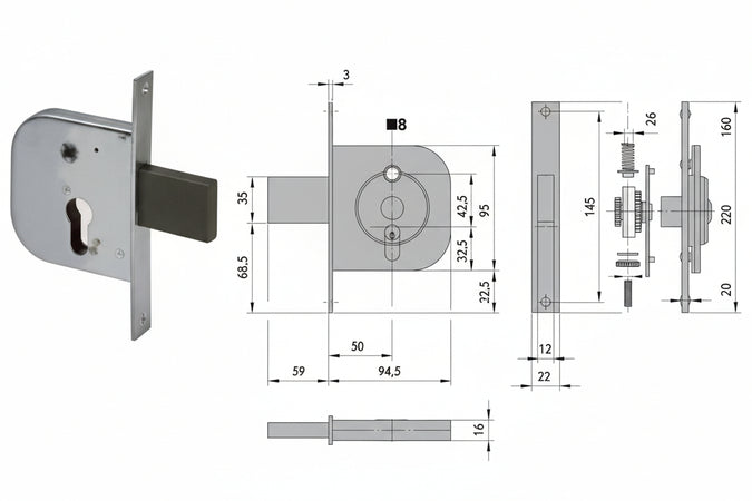Serratura Infilare Per Cancelli Con Quadro Catenaccio E Scrocco 42312- - Mm.50 (42312500) - 2 Pezzi Cisa