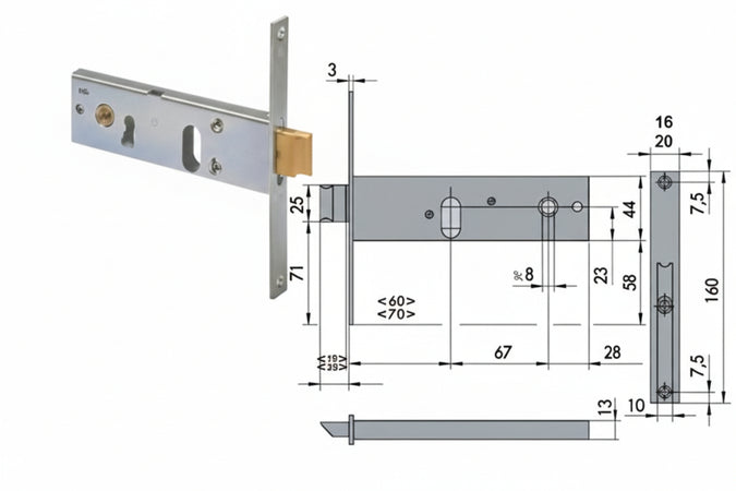 Serratura Da Infilare Per Fasce Catenaccio E Scrocco Mm.44 H 4415 Mm.60 1 M. (44150600) Frontale Mm.16 Cisa