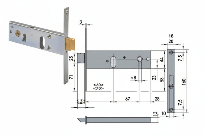 Serratura Da Infilare Per Fasce Catenaccio E Scrocco Mm.44 H 4415 Mm.70 2 M. (44150700) Frontale Mm.16 Conf. Ind. Cisa