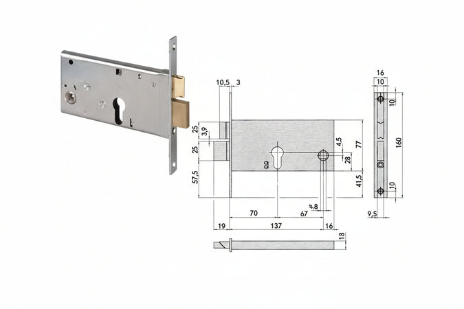 Serratura Da Infilare Per Fasce Catenaccio E Scrocco Mm.77 H 44360 Mm.70 (44360700) Cisa
