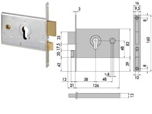 Serratura Da Infilare Per Fasce Catenaccio E Scrocco Mm.82 H 44120 Mm.60 (44120600) Cisa