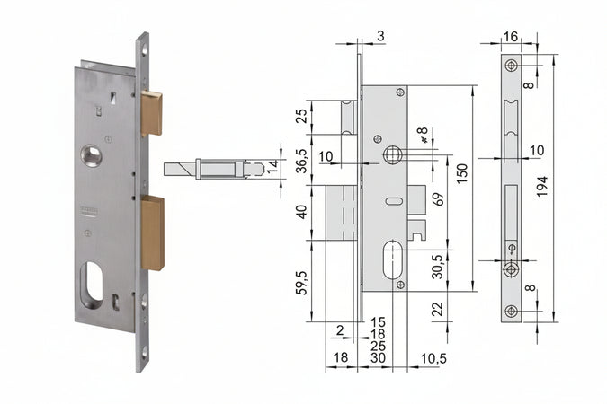 Serratura Da Infilare Per Montanti Catenaccio E Scrocco 2 Mand. 44225- - Mm.18 (44225180) - 1 Pezzi Cisa