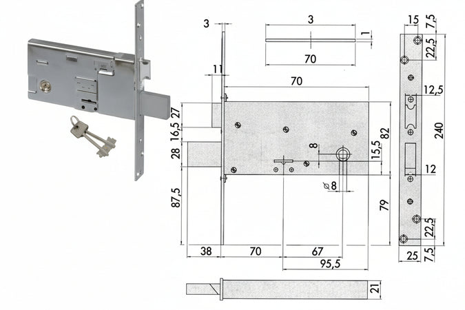Serratura Da Infilare Per Fasce Doppia Mappa Mm.82 H 57313 Mm.70 (57313730) Cisa