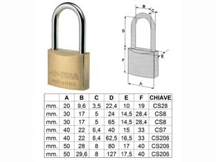 Lucchetto In Ottone Arco Lungo Lunghissimo 22011 Mm.20 (Art.22011200) Cisa