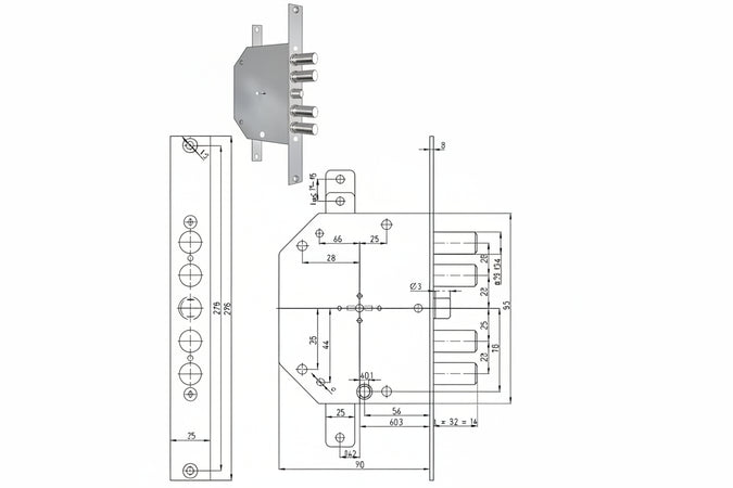 Serratura Triplice Infilare Con Scrocco Rev.Doppia Mappa Blindate 2151 Mm.60 Chiave Mm.116 (215103) Cr