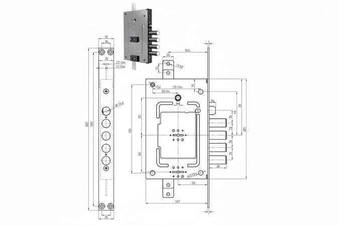 Serratura Tripl. Applic. C/Scr. Multif. D/M + D/M Blind. Revers. 2756 Chiave Mm.116 (275603) Cr