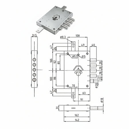Serratura Tripl. Applicare Cil. Europeo Con Scrocco Blind. Heavy Mm.63 Mm.63 Sx (Ser Ne42 S) Dierre