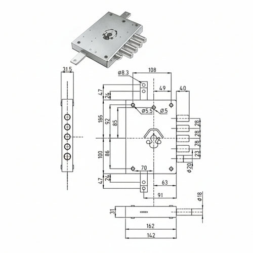 Serratura Tripl. Applicare Cil. Europeo Con Scrocco Blind. Heavy Mm.63 Mm.63 Sx (Ser Ne42 S) Dierre