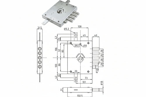Serratura Tripl. Applicare Cil. Europeo Con Scrocco Blind. Heavy Mm.73 Mm.73 (Imb Ne42 7) Reversibile In Busta Dierre