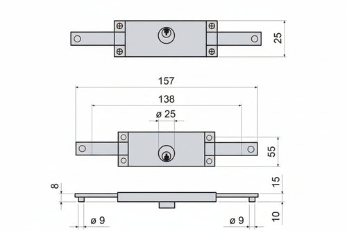 Serratura Serranda Centrale Cilindro Fisso Tondo 641 Mm.157X10X55H. (641010) Iseo