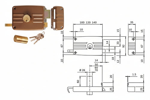 Serratura Da Portoncino Catenaccio E Scrocco Doppio Cil. Fisso 431/432- - Mm.60 Sx 3 Mandate (432603E) - 2 Pezzi Iseo