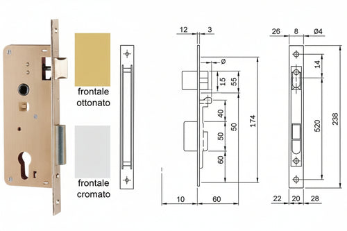 Serratura Da Infilare Per Portoncino A Cilindro 200N Mm.45 (200N451) Frontale Acciaio Ottonato Iseo