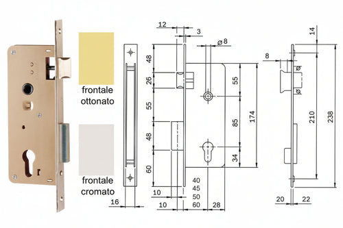 Serratura Da Infilare Per Portoncino A Cilindro 200N Mm.60 (200N603) Frontale Acciaio Cromato Iseo