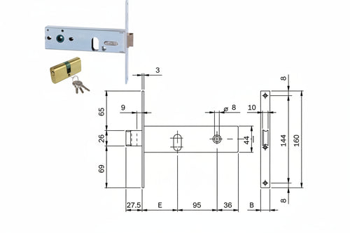 Serratura Da Infilare Per Fasce Catenaccio E Scrocco Mm.44 H 704 Mm.80 Frontale Mm.16 (704801S) Iseo