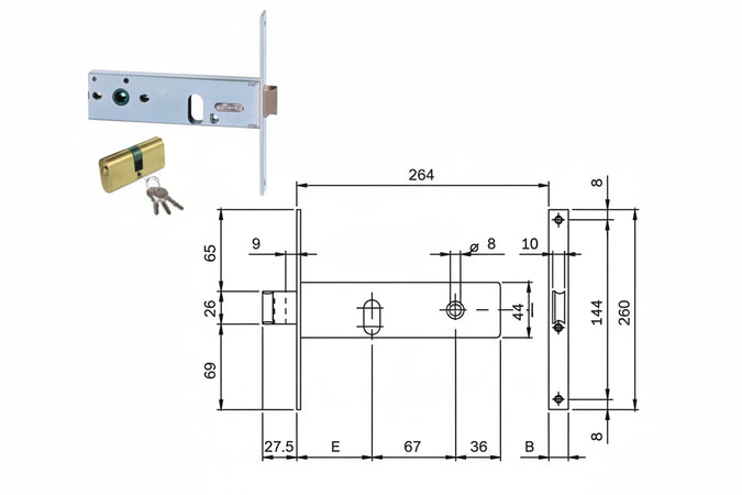 Serratura Da Infilare Per Fasce Catenaccio E Scrocco Mm.44 H 704 Mm.80 Frontale Mm.20 (704802S) Iseo