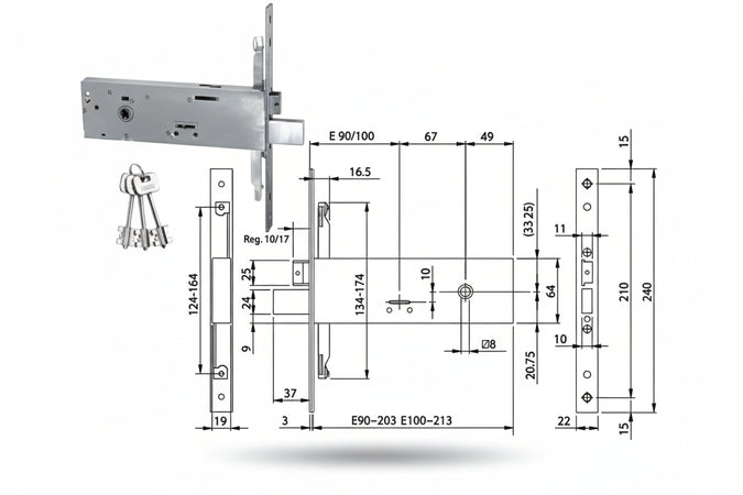 Serratura Triplice Da Infilare Doppia Mappa Per Fasce Mm.64 H 96311 Mm.100 (963110102) Iseo