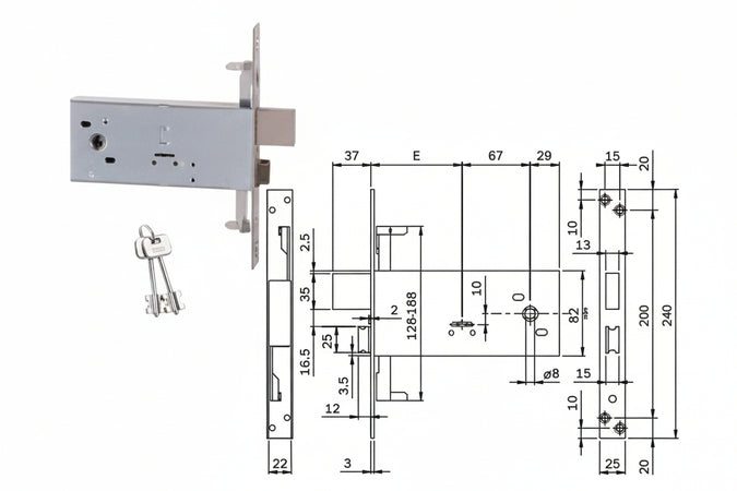 Serratura Triplice Da Infilare Doppia Mappa Per Fasce Mm.82 H 983 Mm.90 (983901Bfz) Iseo