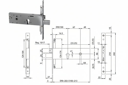 Serratura Da Infilare Triplice Con Cil. Europeo P/Fasce Mm.64 H 96312 Mm.100 (963120102) Iseo