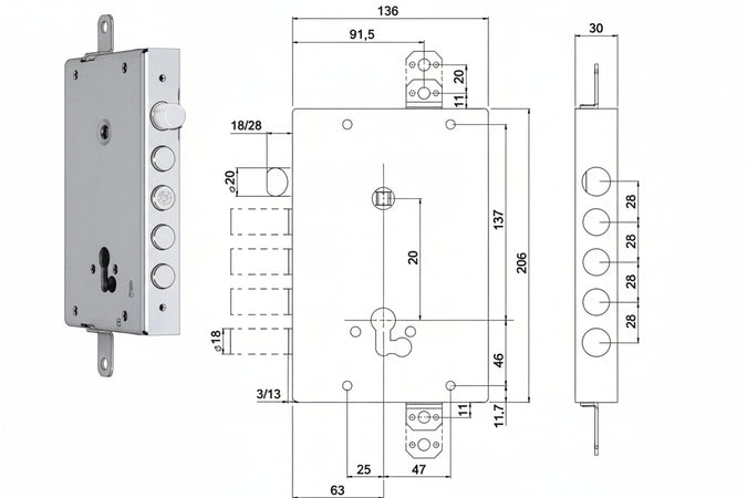 Serratura Tripl. Applicare C/Catenaccio+Scr. Cil.Eur. Blindate 668Gf Mm.63 (0066803280Gf4) Iseo