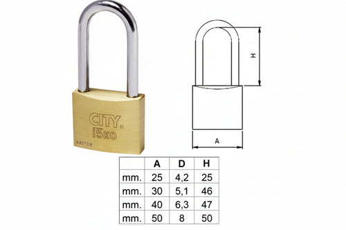 Lucchetto Ottone Arco Lungo Aditus City P700- - Mm.40 Ka (P70040477.K1) - 10 Pezzi Iseo