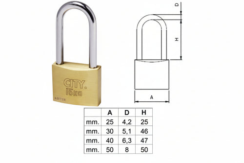 Lucchetto Ottone Arco Lungo Aditus City P700- - Mm.50 Ka (P70050507.K1) - 10 Pezzi Iseo
