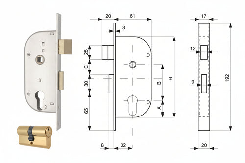 Serratura Infil. Cancelli 2 Mand. E Scr. Sep. + Quadro Cil. Sag. 148- - Mm.32 (148.32.0) - 2 Pezzi Mg