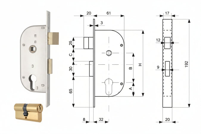 Serratura Infil. Cancelli 2 Mand. E Scr. Sep. + Quadro Cil. Sag. 148- - Mm.32 (148.32.0) - 2 Pezzi Mg