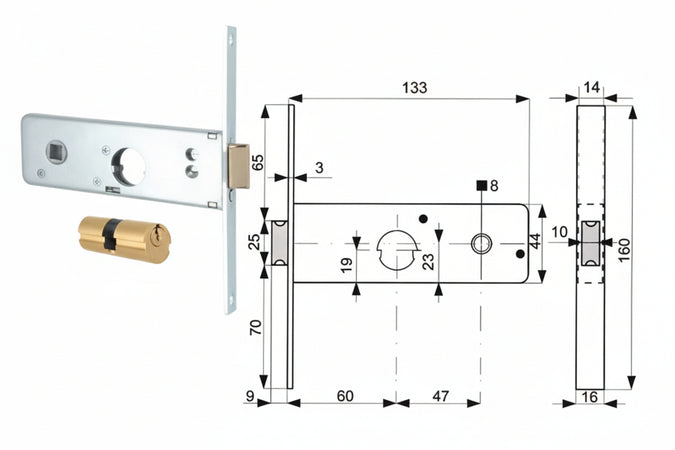 Serratura Infilare Per Fasce Catenaccio 2 Mandate E Scr. Mm.44 H 801- - Mm.60 (801.60.1) - 2 Pezzi Mg