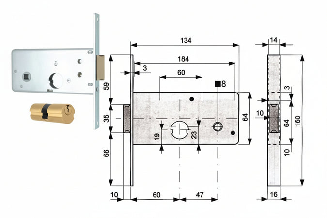 Serratura Infilare Per Fasce Catenaccio 2 Mandate E Scr. Mm.64 H 805- - Mm.60 (805.60.1) - 2 Pezzi Mg