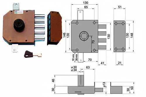 Serratura Triplice Da Applicare Senza Scrocco A Pompa 30620 Mm.60 Dx Cilindro Ø Mm.30 (30620Vd60Xe) Mottura