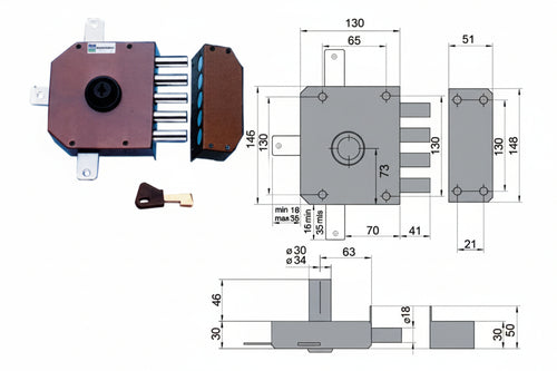 Serratura Quintuplice Da Applicare Senza Scrocco A Pompa 30640 Mm.60 Sx Cilindro Ø Mm.34 (30640Vs60J) Mottura