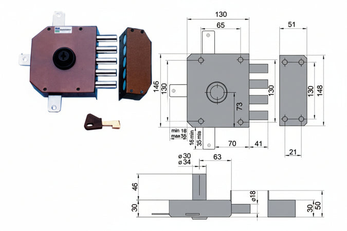 Serratura Quintuplice Da Applicare Senza Scrocco A Pompa 30640 Mm.60 Sx Cilindro Ø Mm.34 (30640Vs60J) Mottura