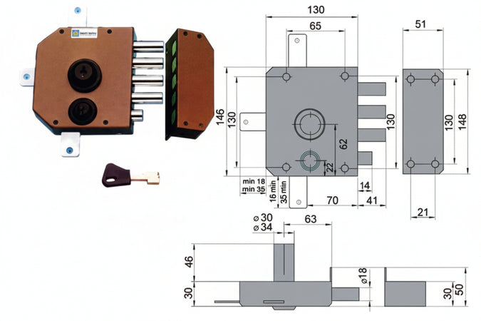 Serratura Quintuplice Da Applicare Con Scrocco A Pompa 30650 Mm.60 Dx Cilindro Ø Mm.30 (30650Vd60Je) Mottura