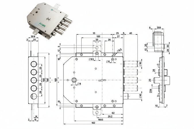 Serratura Triplice Applicare Con Scrocco Doppia Mappa Blindate 50555 Mm.63 Dx (50555D) Mottura